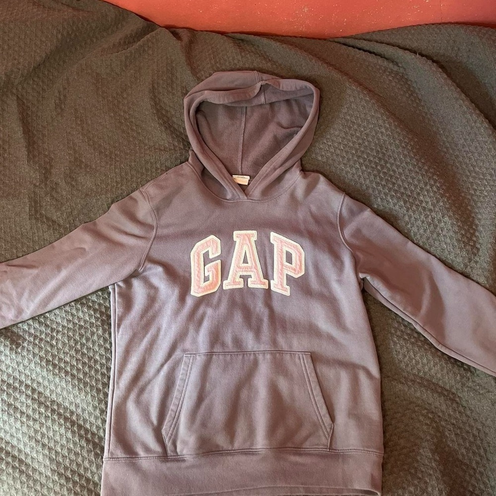Purple Gap hoodie with pink letters spelling gap
